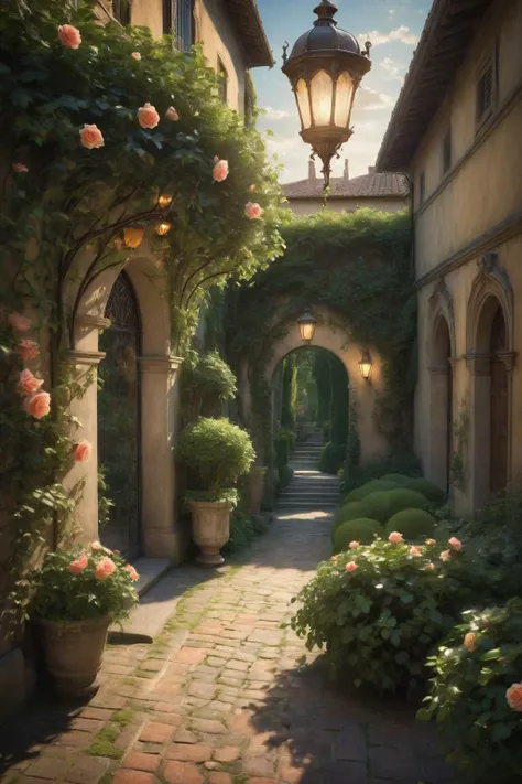 letitflrsh,<lora:- SDXL - letitflrsh_let_it_flourish_V1.0:1>,(masterpiece, best quality, highly detailed, intricate),a walkway in a garden with lots of green plants and trees on either side of it and a lantern hanging from the ceiling,(Climbing rose:1.2),lush,blooming,unimaginable beauty,Florence Engelbach,tone mapping,a flemish Baroque,german romanticism,cinematic composition,beautiful lighting,