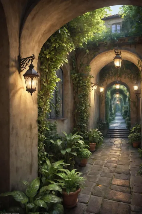 letitflrsh,<lora:- SDXL - letitflrsh_let_it_flourish_V1.0:1>,(masterpiece, best quality, highly detailed, intricate),a walkway in a garden with lots of green plants and trees on either side of it and a lantern hanging from the ceiling,Florence Engelbach,tone mapping,a flemish Baroque,german romanticism,cinematic composition,beautiful lighting,