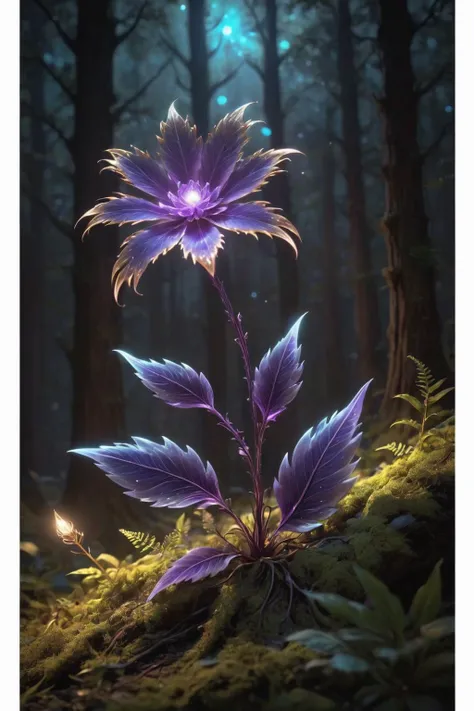<lora:- SDXL - letitflrsh_let_it_flourish_V1.0:1>,letitflrsh,
bioluminescent purple flower,fabulous night forest,magical radiance,Concept art,depth of field,Raw photo,realistic,cinematic lighting,soft shadows,sharp focus,fractal,colorful,depth of field,best quality,16k resolution,vivid colors,volumetric lighting,