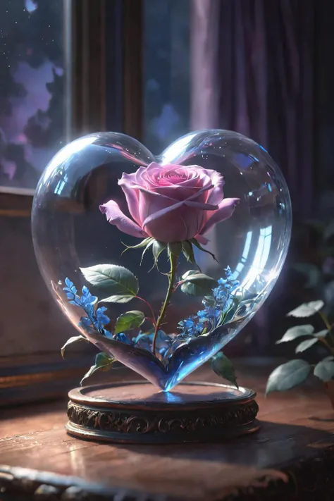 Digital Art,Concept Art,octane rendering,unreal engine,dreamlike scenes,delicate and rich light and color,superb light and shadow effects and color matching,aesthetic and romantic,Surrealistic,magical,fantasist,fantastic,Ornate And Intricate,unimaginable beauty,
A glowing [pink|purple] rose and some glowing blue plants in a transparent (heart-shaped:1.5) glass container,
this container in a love story book,extremely romantic mood,nostalgic atmosphere,gentle light and lingering composition,depth of field,<lora:-_SDXL_-_letitflrsh_let_it_flourish_V1.0:0.6>,letitflrsh,<lora:PAseer-SDXL-FarOfTheSun:1>, CLOUDY SKY,SUN,