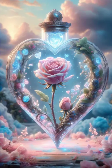 Digital Art,Concept Art,octane rendering,unreal engine,dreamlike scenes,delicate and rich light and color,superb light and shadow effects and color matching,aesthetic and romantic,Surrealistic,magical,fantasist,fantastic,Ornate And Intricate,unimaginable beauty,
A glowing [pink|purple] rose and some glowing blue plants in a transparent (heart-shaped:1.5) glass container,
this container in a love story book,extremely romantic mood,nostalgic atmosphere,gentle light and lingering composition,depth of field,<lora:-_SDXL_-_letitflrsh_let_it_flourish_V1.0:0.6>,letitflrsh,<lora:SDXLCottonCandy:1>,cottoncandy,