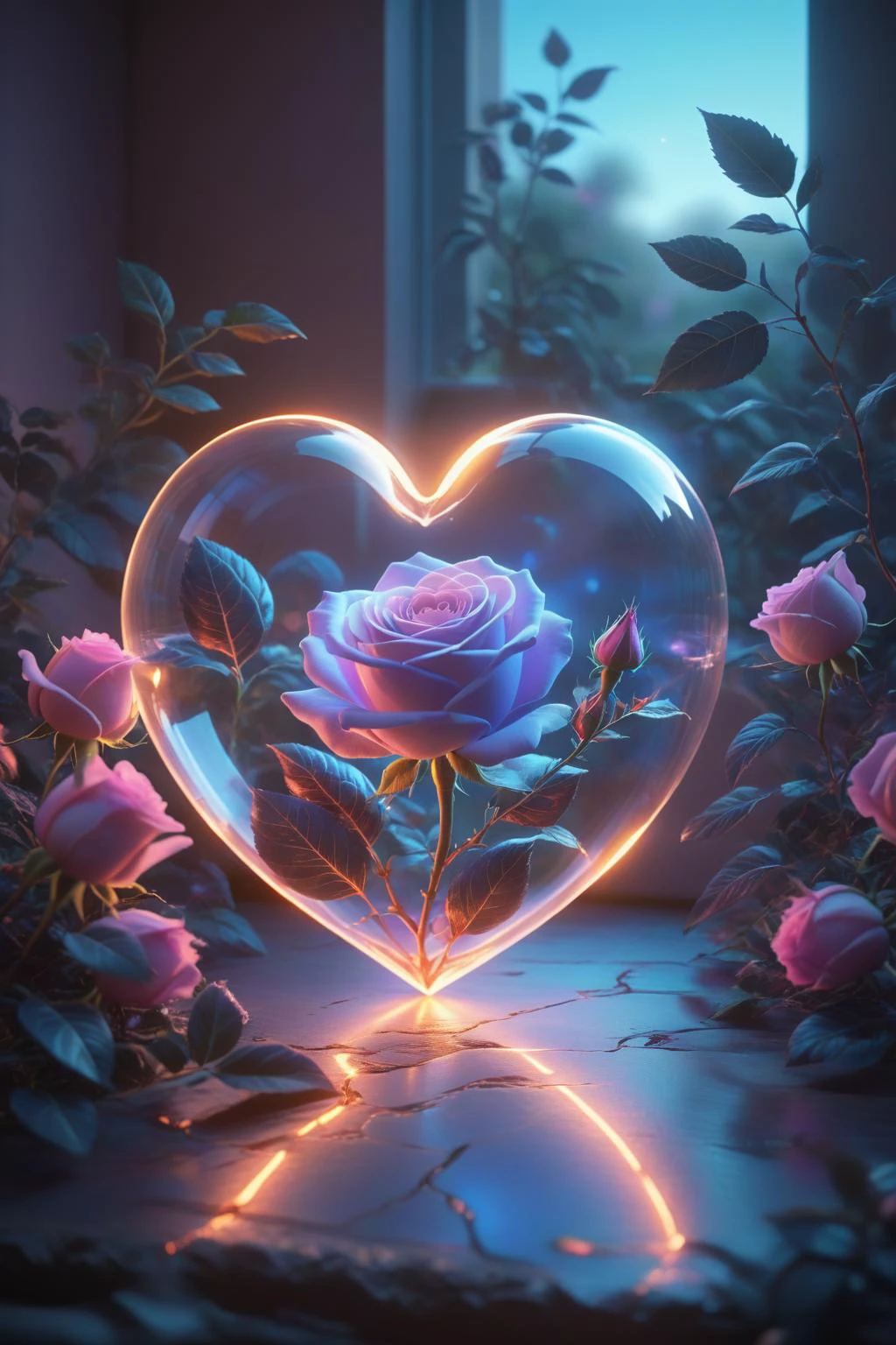 Digital Art,Concept Art,octane rendering,unreal engine,dreamlike scenes,delicate and rich light and color,superb light and shadow effects and color matching,aesthetic and romantic,Surrealistic,magical,fantasist,fantastic,Ornate And Intricate,unimaginable beauty,
A glowing [pink|purple] rose and some glowing blue plants in a transparent (heart-shaped:1.5) glass container,
this container in a love story book,extremely romantic mood,nostalgic atmosphere,gentle light and lingering composition,depth of field,<lora:-_SDXL_-_letitflrsh_let_it_flourish_V1.0:0.6>,letitflrsh,<lora:Dream Scenery XL:1>,Dream Scenery,a glowing neon-colored heart pattern,