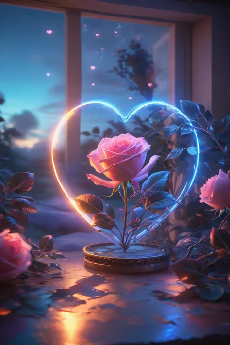 Digital Art,Concept Art,octane rendering,unreal engine,dreamlike scenes,delicate and rich light and color,superb light and shadow effects and color matching,aesthetic and romantic,Surrealistic,magical,fantasist,fantastic,Ornate And Intricate,unimaginable beauty,
A glowing [pink|purple] rose and some glowing blue plants in a transparent (heart-shaped:1.5) glass container,
this container in a love story book,extremely romantic mood,nostalgic atmosphere,gentle light and lingering composition,depth of field,<lora:-_SDXL_-_letitflrsh_let_it_flourish_V1.0:0.6>,letitflrsh,<lora:Dream Scenery XL:1>,Dream Scenery,a glowing neon-colored heart pattern,