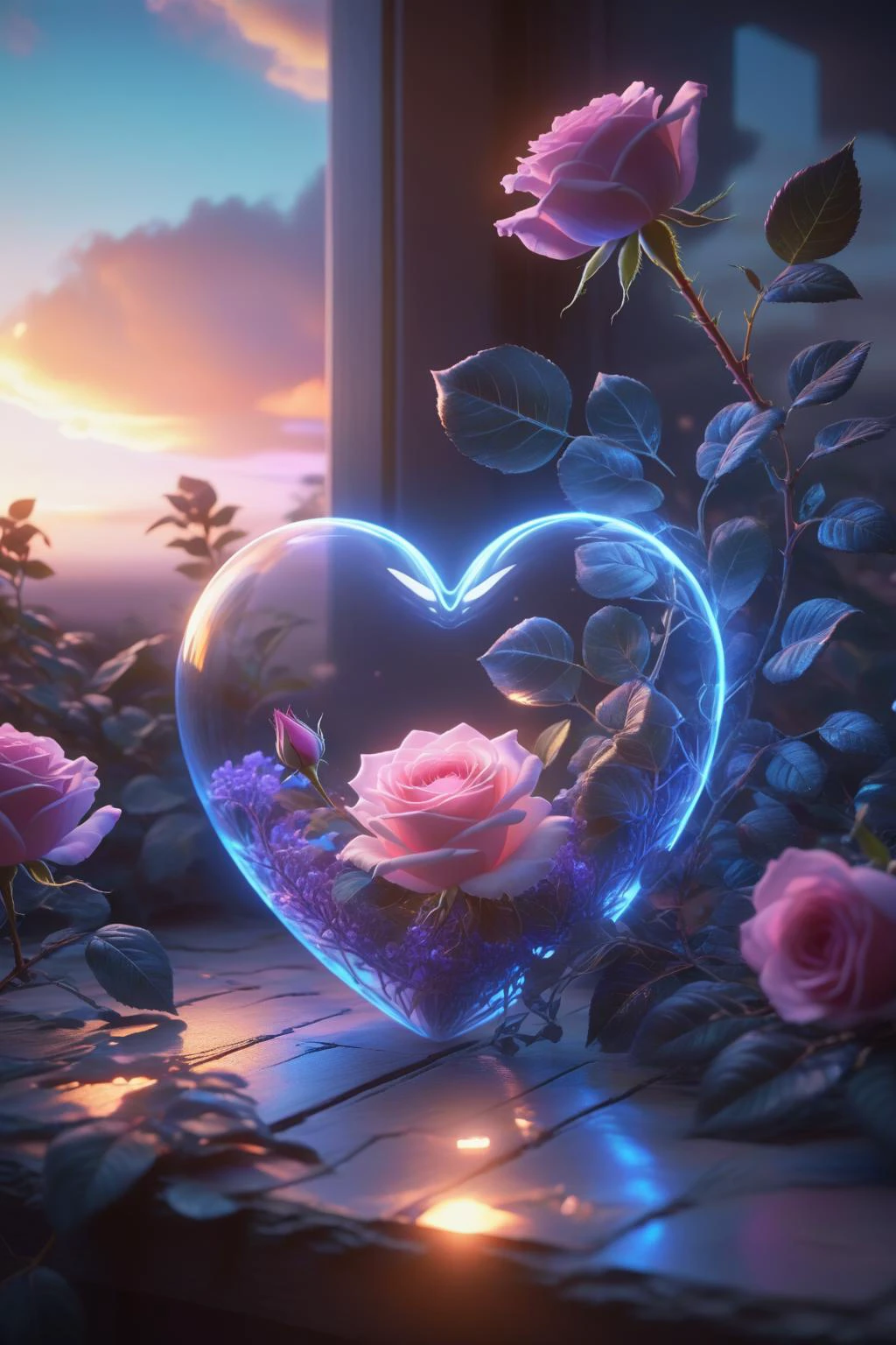 Digital Art,Concept Art,octane rendering,unreal engine,dreamlike scenes,delicate and rich light and color,superb light and shadow effects and color matching,aesthetic and romantic,Surrealistic,magical,fantasist,fantastic,Ornate And Intricate,unimaginable beauty,
A glowing [pink|purple] rose and some glowing blue plants in a transparent (heart-shaped:1.5) glass container,
this container in a love story book,extremely romantic mood,nostalgic atmosphere,gentle light and lingering composition,depth of field,<lora:-_SDXL_-_letitflrsh_let_it_flourish_V1.0:0.6>,letitflrsh,<lora:Dream Scenery XL:1>,Dream Scenery,a glowing neon-colored heart pattern,