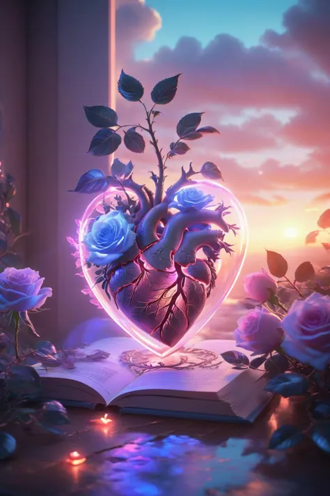 Digital Art,Concept Art,octane rendering,unreal engine,dreamlike scenes,delicate and rich light and color,superb light and shadow effects and color matching,aesthetic and romantic,Surrealistic,magical,fantasist,fantastic,Ornate And Intricate,unimaginable beauty,
A glowing [pink|purple] rose and some glowing blue plants in a transparent (heart-shaped:1.5) glass container,
this container in a love story book,extremely romantic mood,nostalgic atmosphere,gentle light and lingering composition,depth of field,<lora:-_SDXL_-_letitflrsh_let_it_flourish_V1.0:0.6>,letitflrsh,<lora:Dream Scenery XL:1>,Dream Scenery,a glowing neon-colored heart pattern,