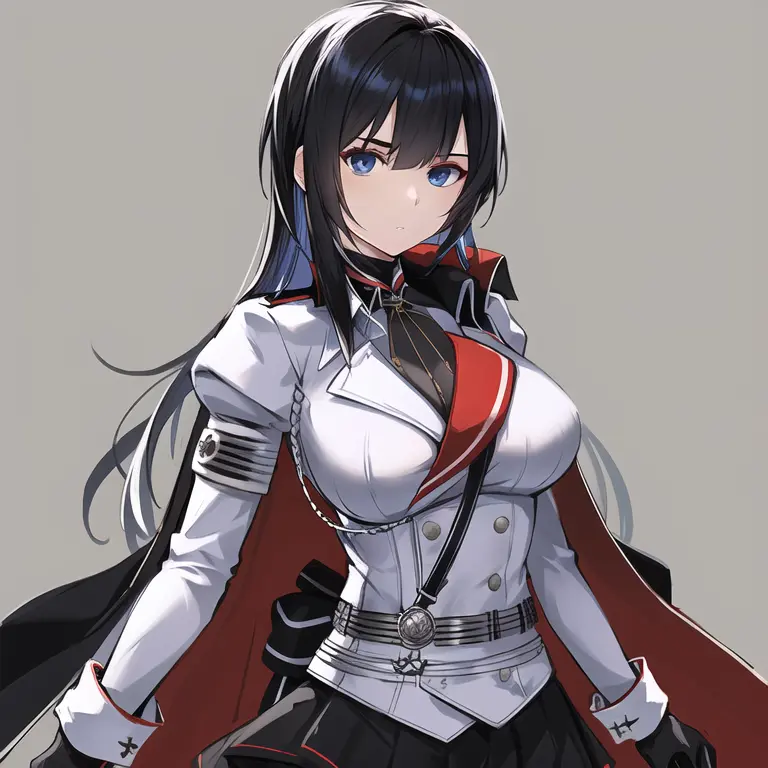 portrait of al mainz, 1girl, blue eyes, black hair, long hair, white jacket, skirt, military uniform, black gloves, cape, long sleeves, standing, simple background, <lora:Mainz (AL) 768-10x15R:0.9>
