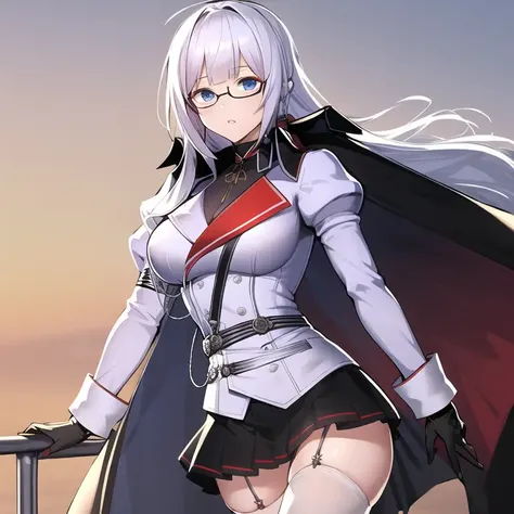 portrait of al mainz, blue eyes, (glasses), white hair, long hair, white jacket, skirt, military uniform, black gloves, cape, long sleeves, standing, simple background, <lora:Mainz (AL) 768-10x15R:0.9>, extremely detailed (masterpiece), volumetric lighting, hyper detailed, highly detailed, beautiful, small details, ultra detailed, best quality, absurdres, (extremely detailed CG, unity, 8k wallpaper:1.1), highres, (skindentation:1.1), zettai ryouiki