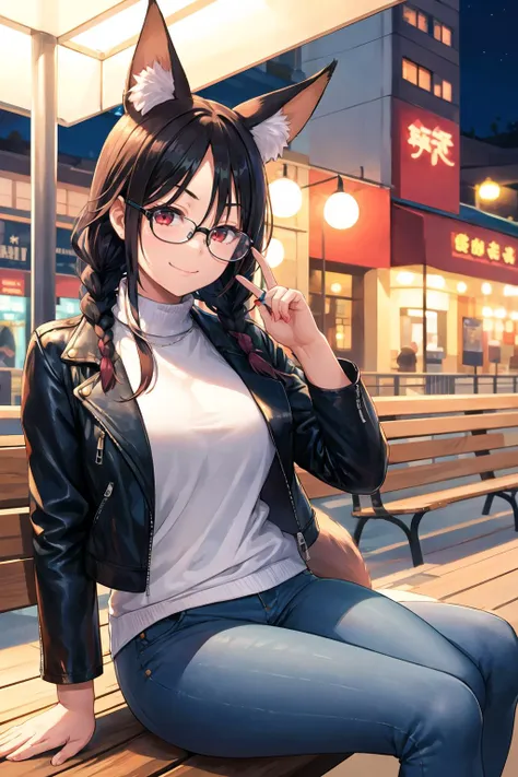 1girl, solo, sidelocks, twinbraids, black hair, red eyes, smug, smirk, glasses, sitting, bench, partk, at night, long hair, white sweater,( leather jacket, black jacket:1.2), fox girl, fox ears, fox tail, jeans, black tail, skindentation,  <lora:Rebis-Style-v2:1>