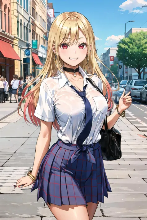masterpiece, best quality, highres, kitagawa marin, 1girl, blonde hair, long hair, multicolored hair, red eyes, jewelry, earrings, piercing, school uniform, white shirt, tied shirt, black choker, blue necktie, plaid skirt, <lora:kitagawa_marin_v1-1:0.7>, grin, smile, standing, cowboy shot, outdoors, <lora:Rebis-Style-v1-000130:1>
