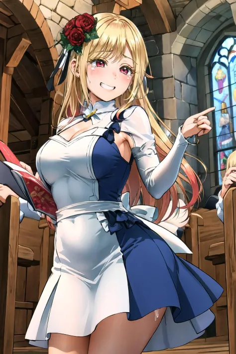 masterpiece, best quality, highres, kitagawa marin, 1girl, blonde hair, long hair, multicolored hair, red eyes, wedding dress, in a chapel, dynamic lights, <lora:kitagawa_marin_v1-1:0.7>, grin, smile, joy, tears in eyes, standing, cowboy shot, <lora:Rebis-Style-v1-000130:0.9>