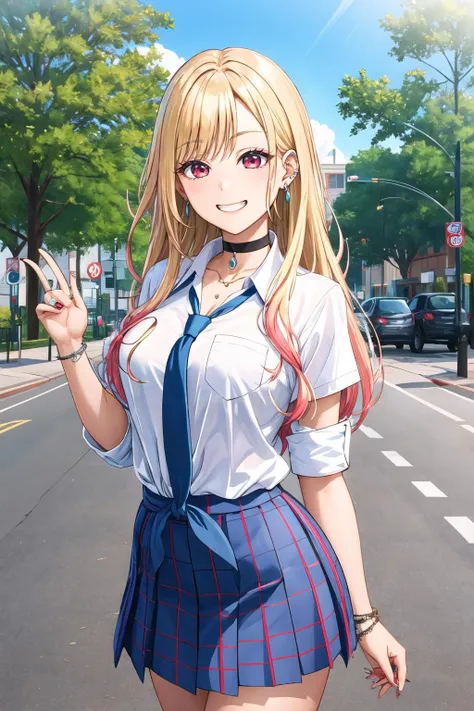 masterpiece, best quality, highres, kitagawa marin, 1girl, blonde hair, long hair, multicolored hair, red eyes, jewelry, earrings, piercing, school uniform, white shirt, tied shirt, black choker, blue necktie, plaid skirt, <lora:kitagawa_marin_v1-1:0.7>, grin, smile, standing, cowboy shot, outdoors, <lora:test-rebis-v1_37910:1>