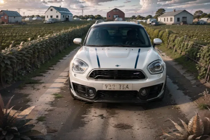 <lora:mncpr-000006:0.8> mncpr red body with white racing stripe, aerial view, parked in front of an abandoned red barn near a sprawling corn field, masterpiece, award winning, natural lighting, sunset:1.0, muted colors, sharp focus, smooth, intricate details, 8k wallpaper, trending on artstation