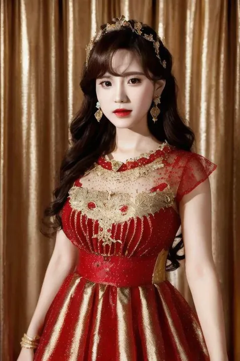 (super detailed), (beautiful background, detailed background),One girl, beautiful woman, light earrings, curtains floating in wind, wearing see-through red and gold Xiuhefu dress,