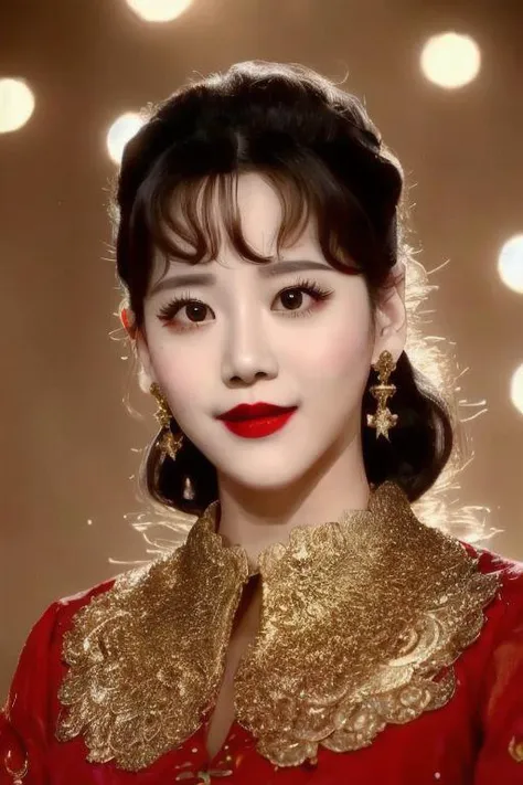 (super detailed), (beautiful background, detailed background),One girl, beautiful woman, light earrings, curtains floating in wind, wearing see-through gold and red Xiuhefu dress,