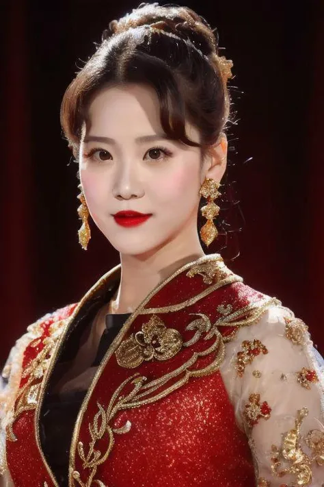 (super detailed), (beautiful background, detailed background),One girl, beautiful woman, light earrings, curtains floating in wind, wearing see-through gold and red Xiuhefu dress,