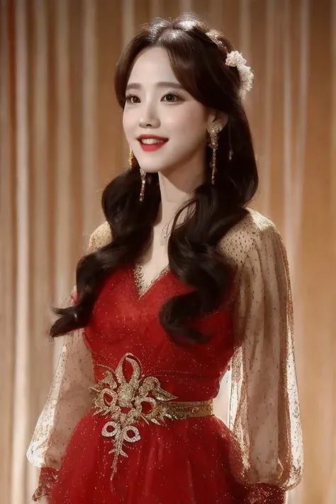 (super detailed), (beautiful background, detailed background),One girl, beautiful woman, light earrings, curtains floating in wind, wearing see-through gold and red Xiuhefu dress,