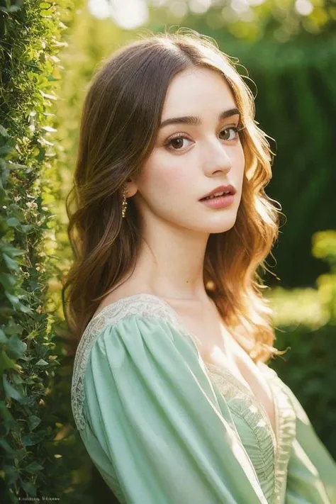 a perfect angle cowboy shot photo of a woman, macfoy, posing for the camera, wearing a Victorian gown, intricate, facing viewer, natural lighting, European garden, hedge, magazine cover, sharp focus, detailed, high quality, high resolution , <lora:macfoy1:0.8>