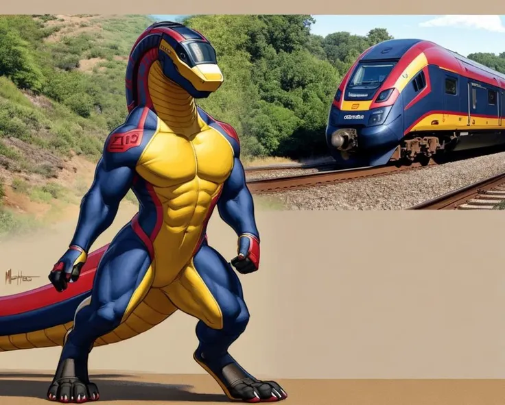by zaush, by meesh, yellow body, black scales, red paint, scalie, synth, matching example, anthro, living machine, living train, locomotive, locomorph, photo, drawing, full length portrait, 4 toes, pose, standing <lora:august_2023_trains_2_128_last_e45_n128:1.0>