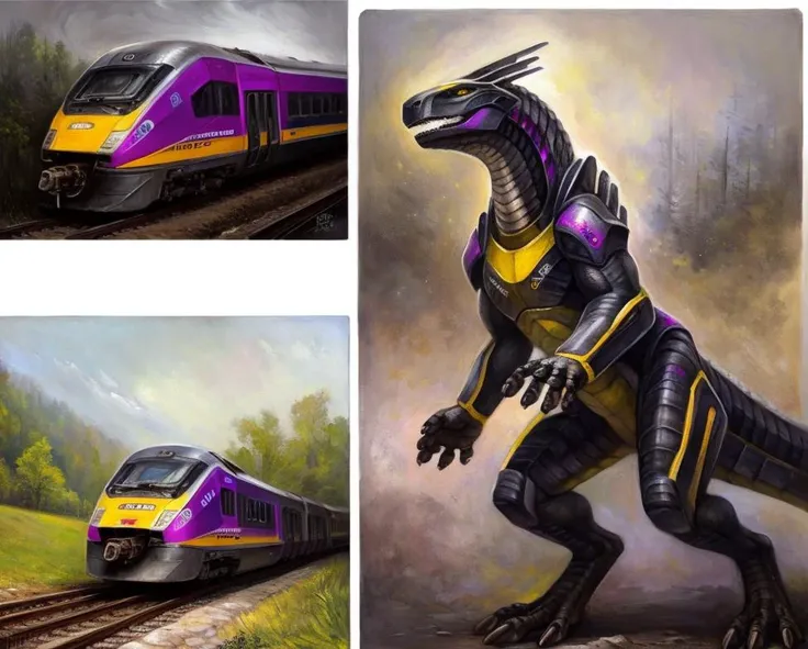 by klongi, by blotch, yellow body, black scales, purple paint, scalie, synth, matching example, anthro, living machine, living train, locomotive, locomorph, photo, drawing, full length portrait, 4 toes, pose, standing <lora:august_2023_trains_2_128_last_e45_n128:1.0>