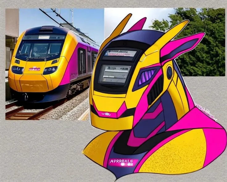 yellow body, pink scales, purple paint, scalie, synth, matching example, anthro, living machine, living train, locomotive, locomorph, photo, drawing, <lora:august_2023_trains_2_128_last_e45_n128:1.0>