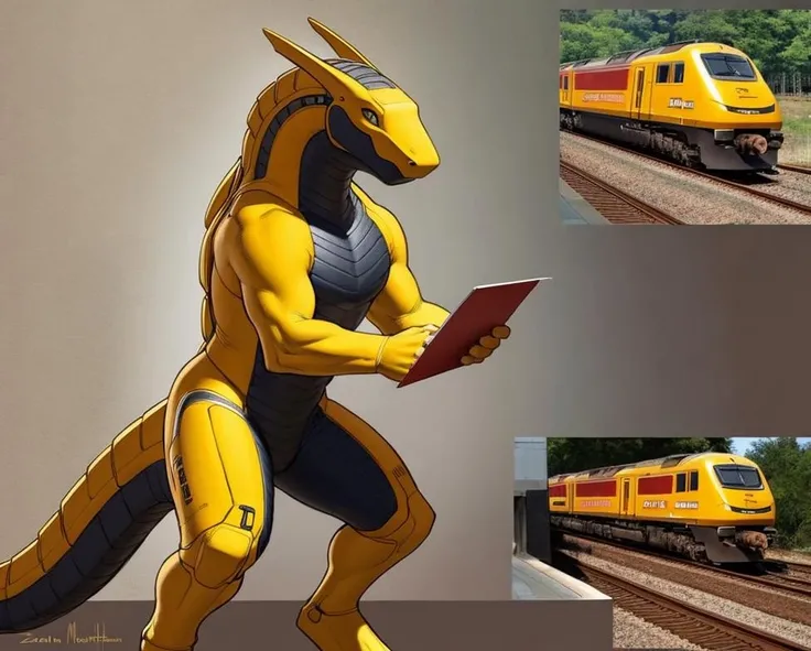 by zaush, by meesh, yellow body, black scales, red paint, scalie, synth, matching example, anthro, living machine, living train, locomotive, locomorph, photo, drawing, full length portrait, 4 toes, pose, standing <lora:august_2023_trains_2_128_last_e45_n128:1.0>