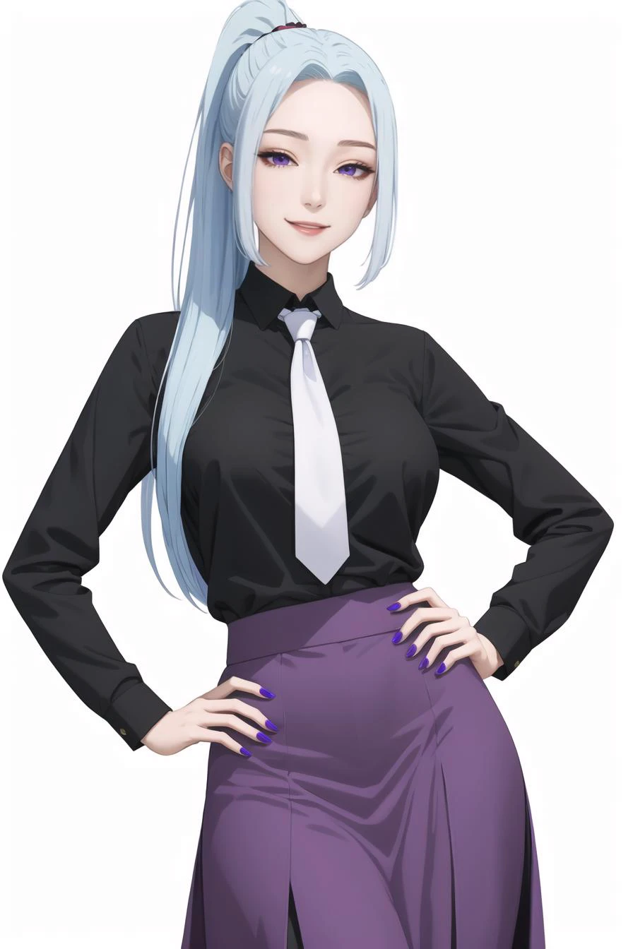 highres, (half-closed eyes:.5), <lora:MeiMei-01:.7> meimei, 1girl, solo, long hair, smile, ((purple)) long skirt, black shirt, long sleeves, ponytail, white - light blue hair, white necktie, nail polish, hand on hip, black shirt, <lyco:opeLoRAv7.5:.5>