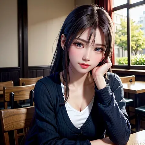 1girl, cute, adorable, (blue eyes), (solo), round face, (pouting), ponytail, slender, modest breast, warm skin tone, (open) cardigan, (white tshirt), dramatic angle, head tilt, 8k, RAW photo, best quality, (masterpiece:1.2), (photo-realistic:1.3), inside cafe, decorative plants, table, sitting by the window, small head, ,half body, dreamy, dreamlike, dramatic angle, floaty, golden hours lighting, sharp focus, intricate detail, <lora:tifosemix_v1064s:1>