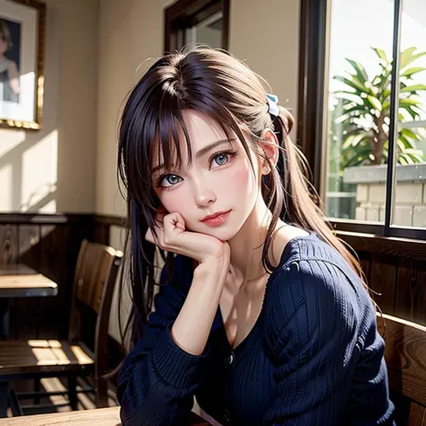 (8k, RAW photo, best quality, masterpiece:1.2), (realistic, photo-realistic:1.37),1 girl, cute, adorable, (blue eyes), light smile, (solo),detailed face, round face, ponytail, slender, petite breast, warm skin tone, cardigan, white shirt, dramatic angle, head tilt, head resting on hand, inside cafe, sitting by the window, small head, ,dreamy, dreamlike, floaty, golden hours lighting, sharp focus, intricate detail, hyper detailed, <lora:tifosemix_v1064s:1>
