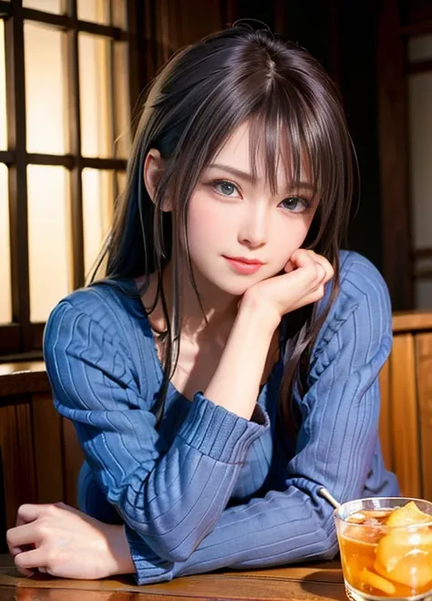 (8k, RAW photo, best quality, masterpiece:1.2), (realistic, photo-realistic:1.37),1 girl, cute, adorable, (blue eyes), light smile, (solo),detailed face, round face, ponytail, slender, petite breast, leather jacket, white tshirt, dramatic angle, head tilt, ((head resting on hand)), night lights, neon lights, inside pub, sitting by the window, small head, (facing away), <lora:tifosemix_v1064s:1>