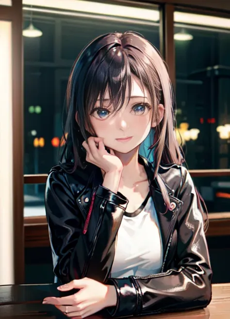 (8k, RAW photo, best quality, masterpiece:1.2), (realistic, photo-realistic:1.37),1 girl, cute, adorable, blue eyes, light smile, (solo),detailed face, round face, twintail, slender, petite breast, ((leather jacket)), white tshirt, dramatic angle, head tilt, ((head resting on hand)), night lights, neon lights, inside pub, sitting by the window, small head, (facing away), <lora:tifosemix_v1064s:1>