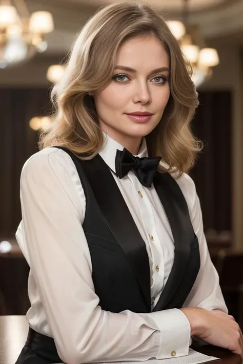 CinM0rTTXV1A,
a beautiful woman wearing a black tuxedo vest and a white shirt and black bow tie around her neck, (restauant ambience:1.2),
(professional photo shooting), (high buget photo), (extremely detailed skin), (flawless skin), (model pose), (highly detailed facial features),
(perfect color grading), (High-quality textures and materials), (perfect lighting setup and environments), (accurate light and shadow effects), (perfect overall visual quality),
(natural light), (high quality photography), (intricate details), (8k), (HDR), (sharp focus), (medium close-up)