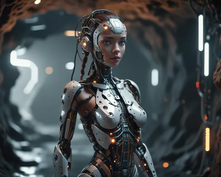 beautiful female cyborg, mostly human, partially ant, high tech, cave, <lora:Dark_Futuristic_Circuit_Boards:.4> circuitboard, full body shot, dramatic camera angle, ziprealism