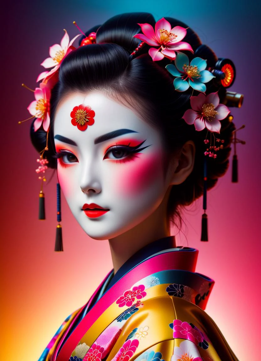Cyberpunk humanoid robot geisha, flower kimono, very colorful, depressed look, hypermaximalist, elegant, super detailed, 32k, insanely detailed and intricate, Photography, Photoshoot, Shot on 70mm lens <lora:add-detail-XL:0.9> <lora:ral-symetrical-sdxl:0.8> ral-symetrical <lora:Retro_Ink_SDXL:0.9> retro ink, subsurface scattering, Photorealistic, Hyperrealistic, analog style, realistic, film photography, soft lighting, heavy shadow