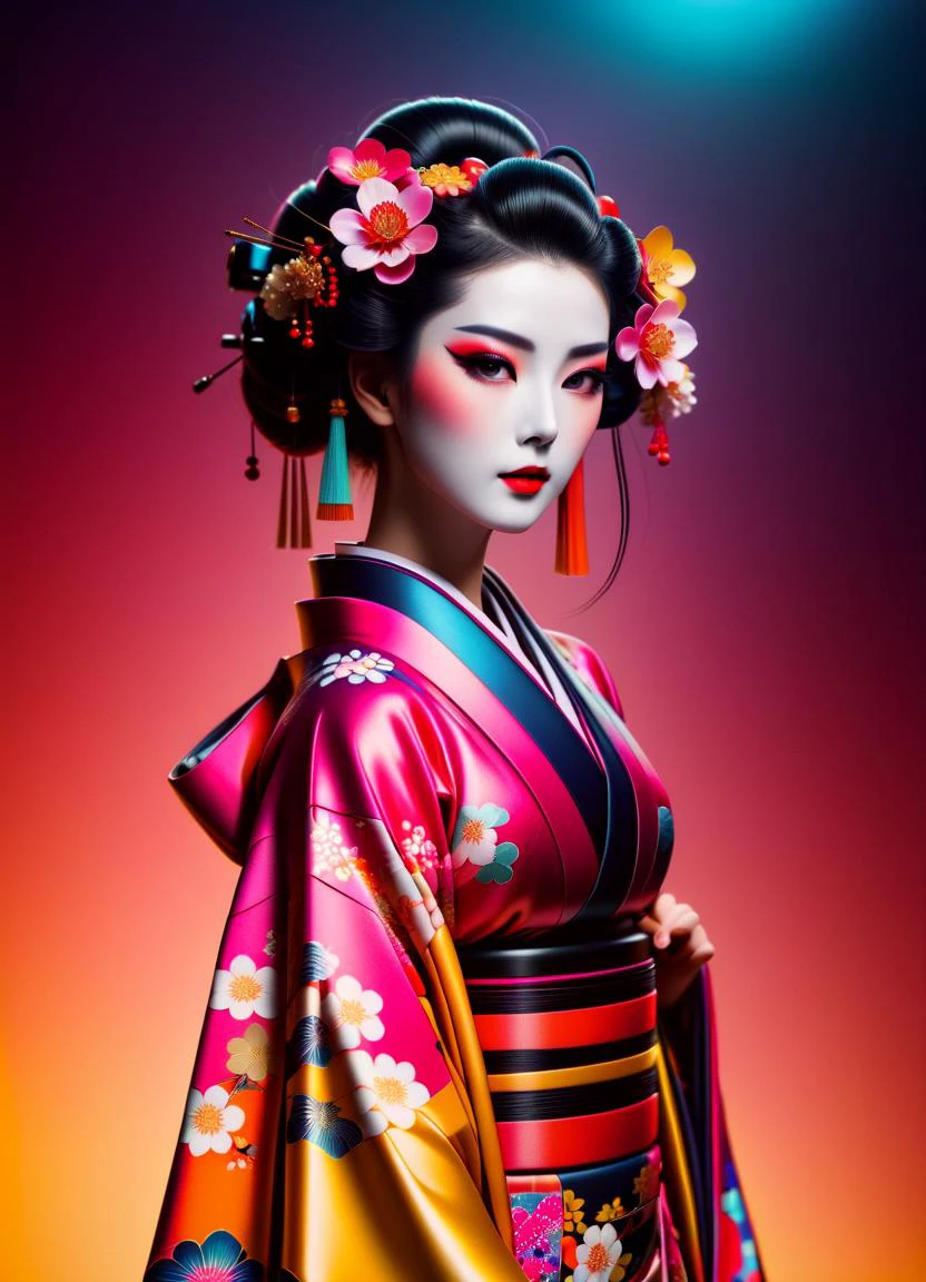 Cyberpunk humanoid robot geisha, flower kimono, very colorful, depressed look, hypermaximalist, elegant, super detailed, 32k, insanely detailed and intricate, Photography, Photoshoot, Shot on 70mm lens <lora:add-detail-XL:0.9> <lora:ral-symetrical-sdxl:0.8> ral-symetrical <lora:Retro_Ink_SDXL:0.9> retro ink, subsurface scattering, Photorealistic, Hyperrealistic, analog style, realistic, film photography, soft lighting, heavy shadow