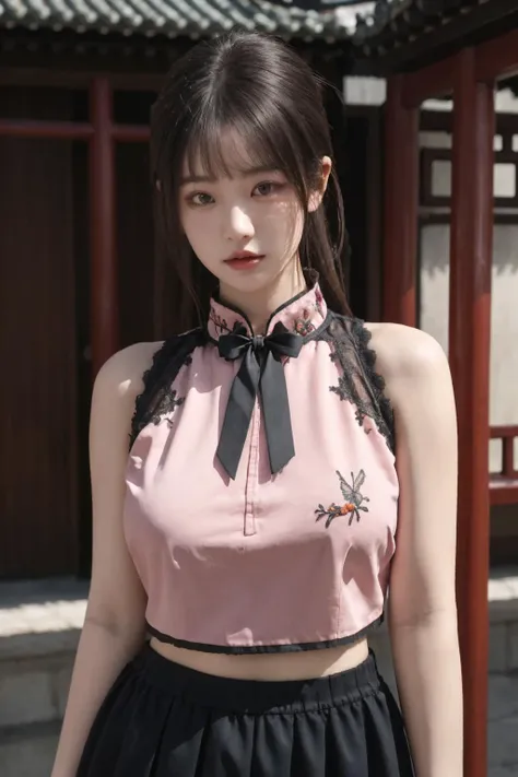 <lora:Twinkle_20240307141337:0.7>, Twinkle, chinese clothes, skirt, best quality, masterpiece, illustration, realistic, photo-realistic, amazing, finely detail, incredibly absurdres, huge filesize, ultra-detailed, highres, extremely detailed CG unity 8k wallpaper, nsfw, A young Korean woman with an innocent, youthful face, wearing a short pink Chinese-style crop top with black lace embroidery on top. The mandarin collar has a front opening with a black butterfly knot at the neckline. She wears an extremely short black mini skirt. The background shows an old traditional Chinese architectural setting. The character is presented in a close-up, high resolution view. She has an exaggeratedly large bust size contrasted with her youthful facial features.