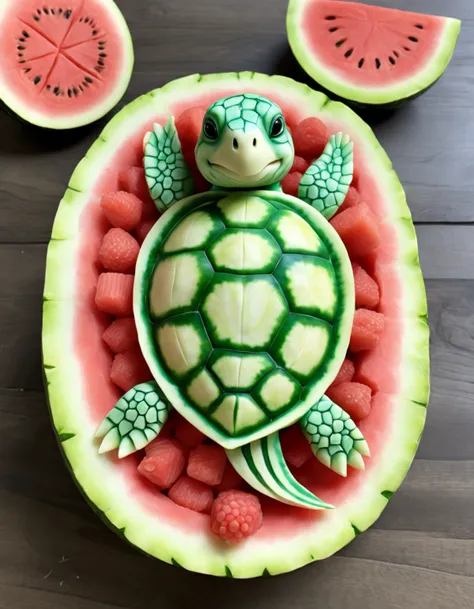 a photo of an adorable seaturtle, realistic, 8k, adorable watermeloncarving <lora:xiguadiaosdxllora:0.5> <lora:FoodIcons:0.5>