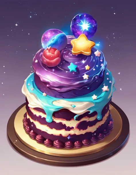 <lora:FoodIcons:0.5> fooico, Delicious glowing galaxy cake, game icon, adorable, cute, kawaii, 8k high quality