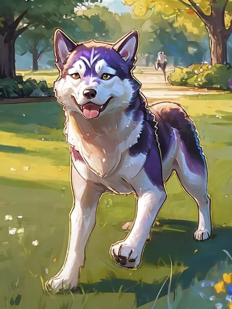 realistic, hyperrealism, outdoors, running in the park on grass, sunny day, <lora:Character Pascal the Dog (Shin Megami Tensei):0.6> Pascal, dog, husky, blue fur, happy puppy, barking