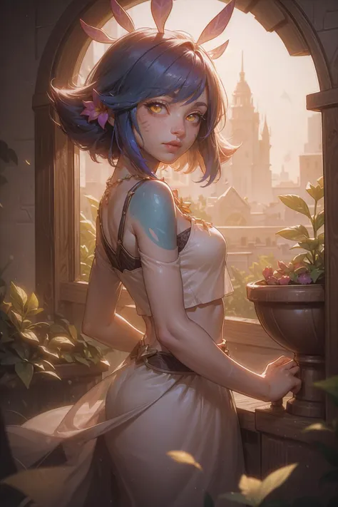 (8k,high quality, masterpiece, best quality), natural lighting, woman, white dress, dynamic, looking at viewer, <lora:neeko-nvwls-v2:0.8> neeko, (hair flower:0.6), facial marks, necklace, crop top, yellow eyes,blue medium hair,