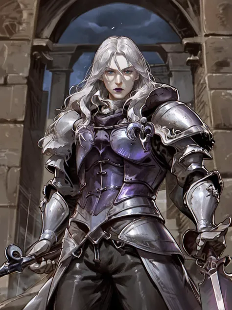 detailed, shading, shadows, evil theme, moody, emotional, masterpiece, slim man wearing medieval armor, long silver hair, (purple lipstick), blue eyes, thin eyes, stare, holding his eye, blind, holding a spear, holding a weapon, armor, knight