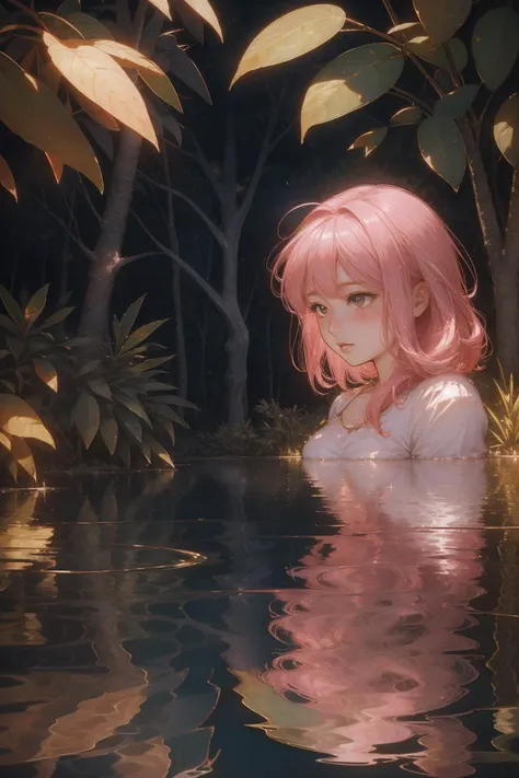 1girl, (designed by Ueda Fumito:0.9) and (Anne Brigman:0.9) and (F. W. Murnau:0.7) and (Didier Barra:1.1) , fantasy Retro comic style artwork of an exquisite, Blush Pink and Navy ("Through the lens of reflection, we peer into our souls, witnessing the depths of our hopes and fears.":1.3) , it is very Australian Tonalism and Absurd, Tiki Maseru in background, dense water with Camellia, Winter, Very wide view, Detailed illustration, Hopeful, Harajuku, soft light, telephoto lens, Ambrotype, raytraced reflections, behance HD, dslr, lots of details