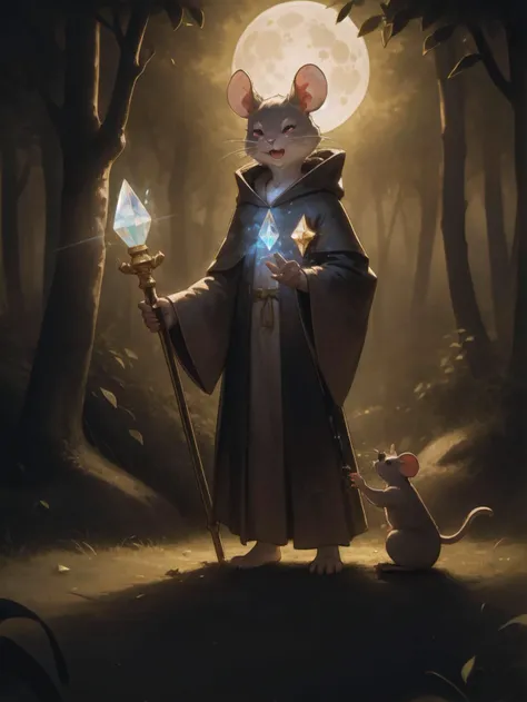Rat (animal), wizard, casting a ray spell, tiny robes, miniature staff with glowing crystal, determined expression, mystical aura, small arcane symbols, forest setting, moonlit night, magical energy, solo, whimsical.