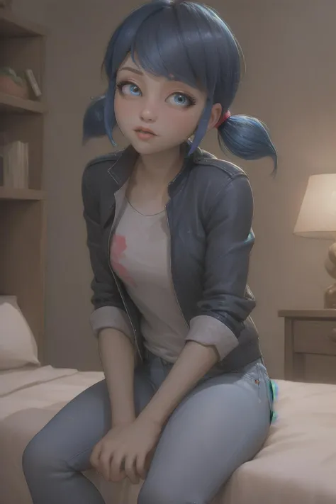 sex  vaginal, anime style, medium breasts, small ass, marinette dupain-cheng (miraculous), blue eyes, blue hair, anime art style, cheerleader outfit, upskirt, boy hands on girl ass, crop top, skirt, laying position, holding, lifting leg, bedroom,  side view, fucking, side fuck