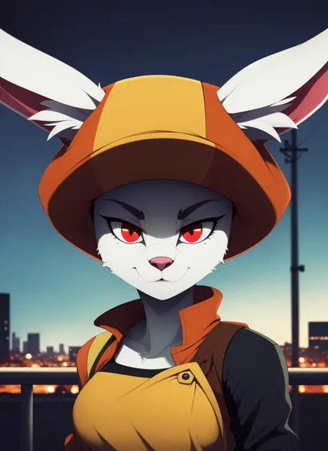 sorrel, animalization, furry female anthro, rabbit girl, portrait, close-up,  cabbie hat, (jacket:1.2), fur trim, solo, (body fur:1.2), (best quality), (detailed urban background:1.2), dramatic lighting, (detailed fluffy fur:1.1), looking at viewer,   medium breasts, white undershirt, animal nose, <lora:sorrel-v1-locon:1>