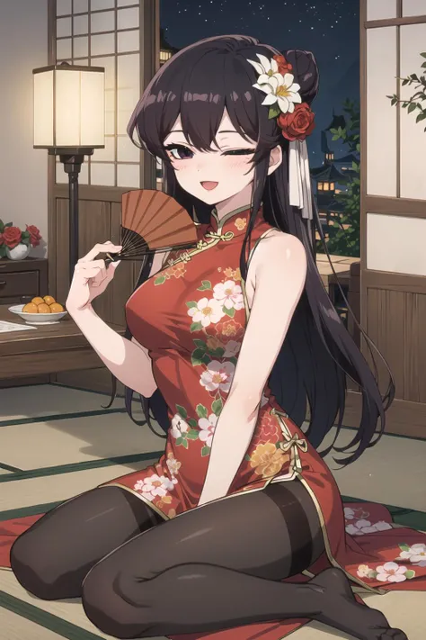 <lora:ShokoKomi_KS-V2:0.7> Shokokomidef, purple hair, purple eyes, long hair
1girl, hand fan, one eye closed, solo, chinese clothes, china dress, dress, green hair, paper fan, sitting, food, fruit, holding fan, hair flower, flower, hair ornament, fireworks, long hair, green eyes, lace-trimmed legwear, smile, breasts, uchiwa, side slit, open mouth, holding, ;d, hair between eyes, lantern, lace trim, large breasts, paper lantern, wariza, red dress, no shoes, indoors, night, pelvic curtain, lace, sidelocks, bare shoulders, sleeveless dress, sleeveless, folding fan, medium breasts, shawl, bangs, blush, lattice, mandarin orange, hair bun, red flower, floral print, architecture, east asian architecture, tatami, table, night sky , black pantyhose, (pantyhose:1.2),