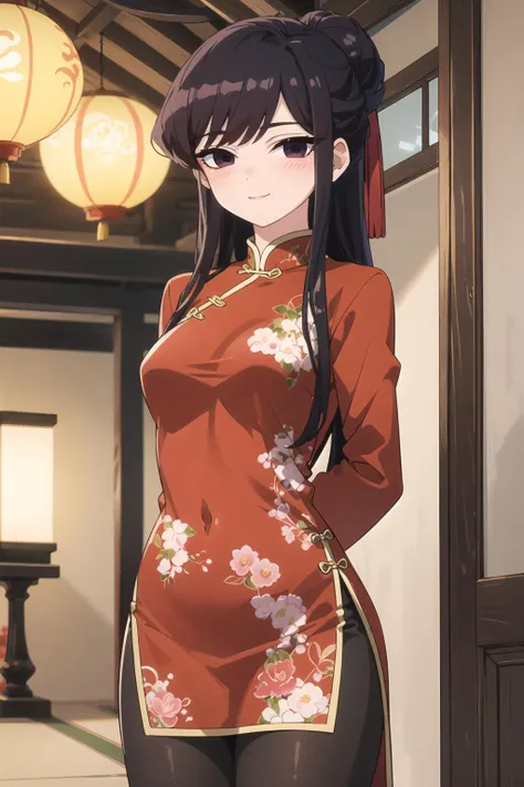 <lora:ShokoKomi_KS-V2:0.7> Shokokomidef, purple hair, purple eyes, long hair
1girl, solo, long hair, lantern, flower, dress, chinese clothes, floral print, paper lantern, looking at viewer, very long hair, china dress, petals, long sleeves, red dress, breasts, medium breasts, cherry blossoms, cowboy shot, ofuda, standing, branch, smile, bangs, closed mouth, blush, side slit, swept bangs, yellow flower, print dress, light smile, pants, half updo, pantyhose, arms behind back,