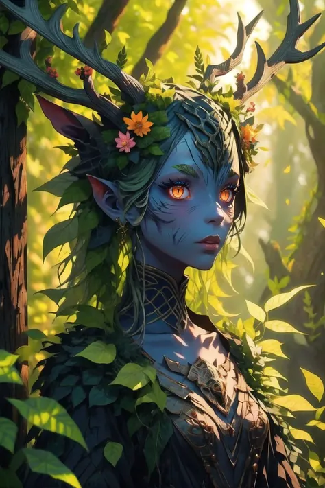 <lora:StyleSwamp:1> 
Style_SM, solo, colored skin, blurry, upper body, blue skin, antlers, flower, glowing, 1girl, yellow eyes, orange eyes, leaf, horns
masterpiece, best quality, upper body, portrait, Style-SwampMagic