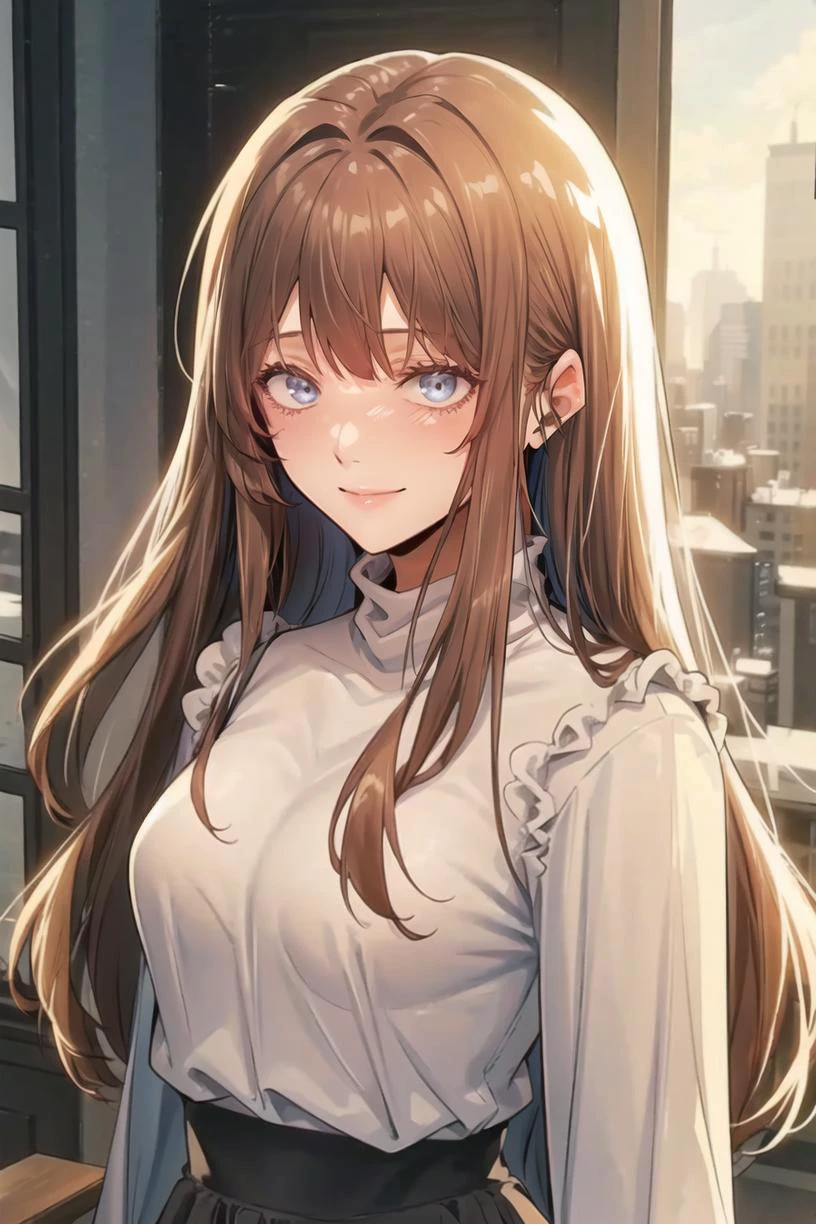 <lora:Verdia:0.8> Verdiadef, blonde hair, blue eyes, long hair
standing, upper body, looking at viewer, turtleneck, white shirt, black skirt, smile, solo, long sleeves, v arms,
masterpiece, best quality,