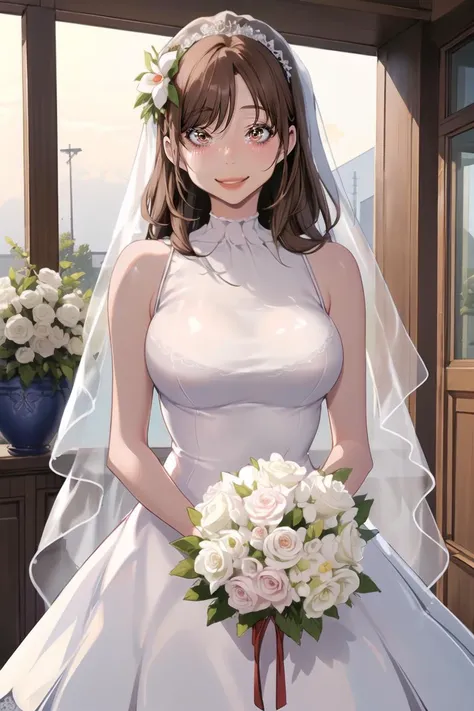 <lora:SookYoung_BNW:1> sookyoungdef, brown hair, brown eyes,
underwear, hair ornament, dress, large breasts, smile, long hair, bride, bare shoulders, panties, hair flower, blush, wedding dress, bridal veil, bangs, looking at viewer, veil, sleeveless, white dress,
masterpiece, best quality,