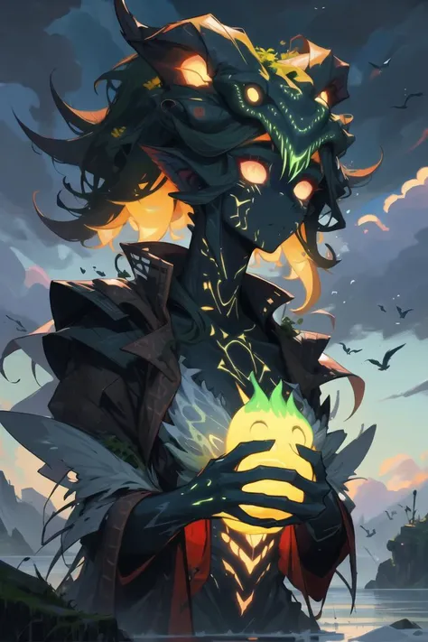 <lora:StyleSwamp:1> style_sm
solo, no humans, monster, cloud, animal, giant, sky, water, holding, glowing, glowing eyes, creature, tentacles, outdoors, cloudy sky, bird, fog
masterpiece, best quality, upper body, portrait,